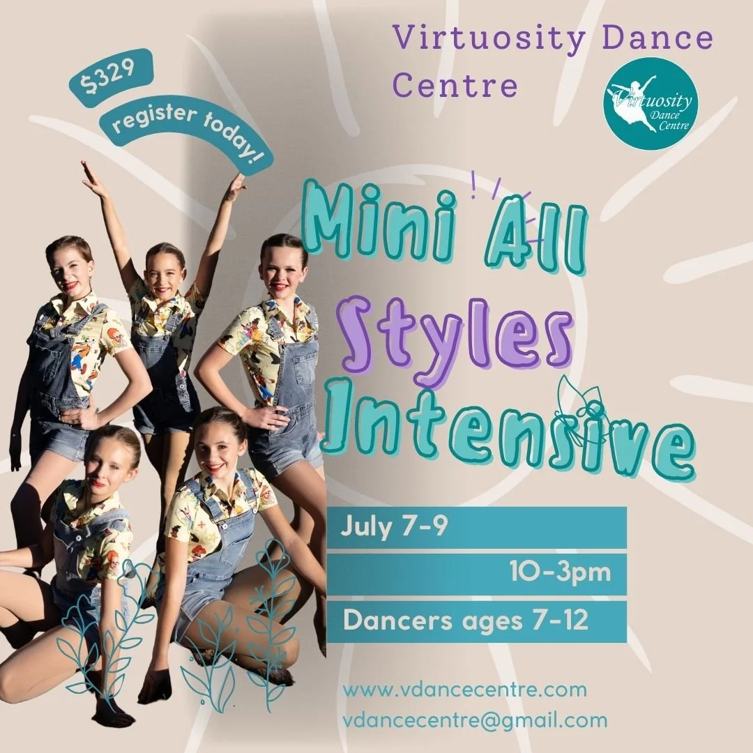 A girl in a colorful dance outfit performing a high kick outdoors with trees and a road in the background, promoting a summer dance camp called VDC Mini Dance Intensive from July 8 to 10, 10 am to 3 pm, at Virtuosity Dance Centre in Golden, Colorado.