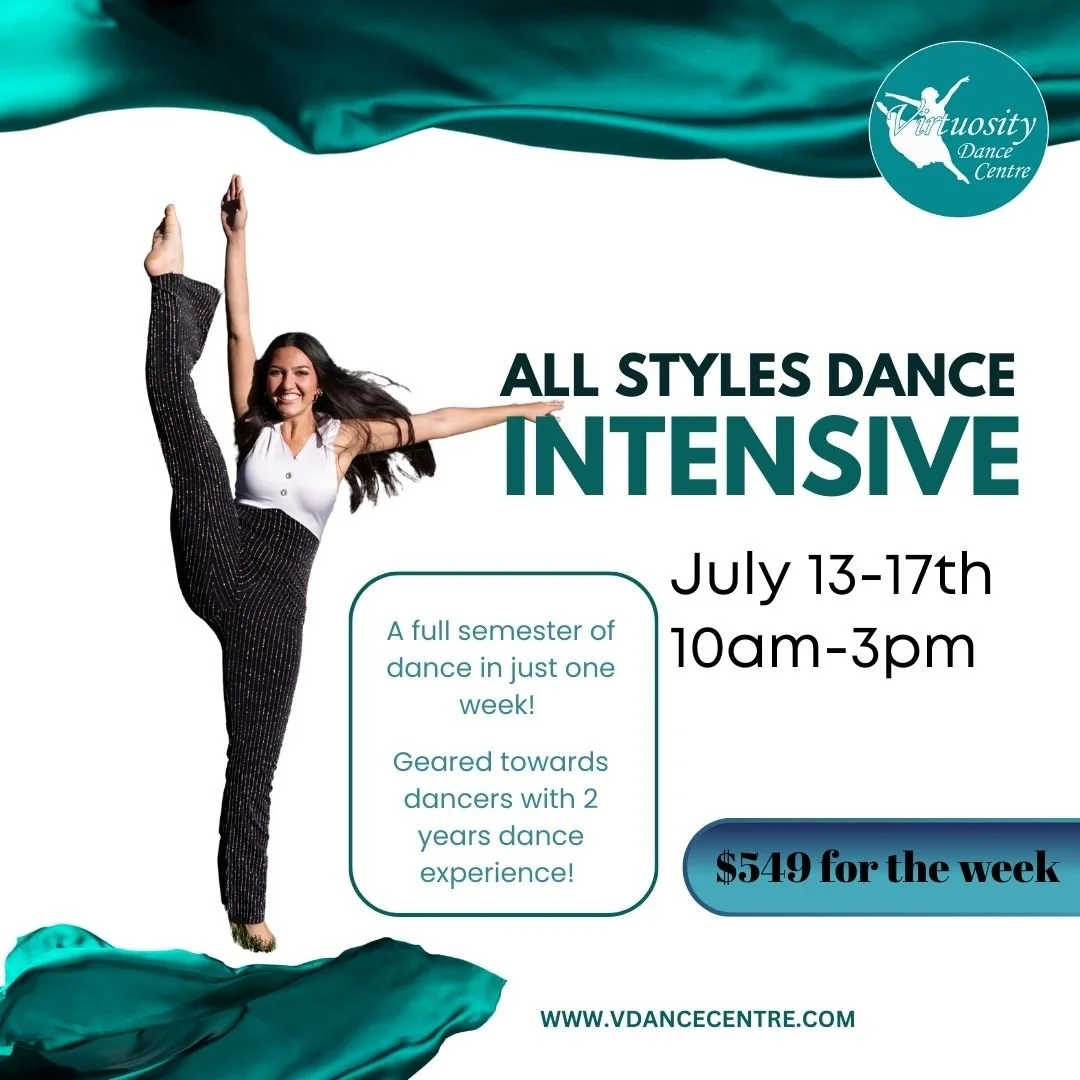 A poster for VDC All Styles Dance Intensive event featuring seven young female dancers in red dance outfits performing outdoors in front of trees, with a landscape and mountains in the background. The poster includes event dates, times, and a list of dance styles, along with location and contact information.