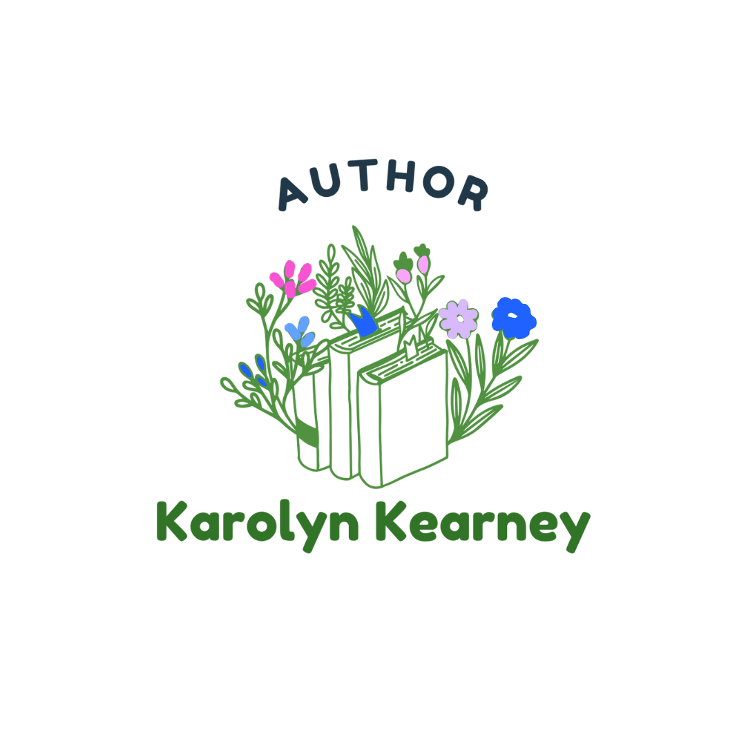Logo for author Karolyn Kearney featuring illustrated books surrounded by colorful flowers with the text “Author Karolyn Kearney.”