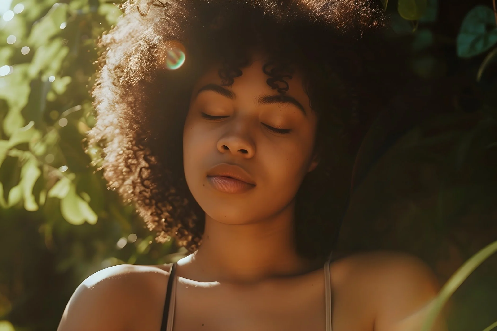 A women closes her eyes while surrounded with trees.