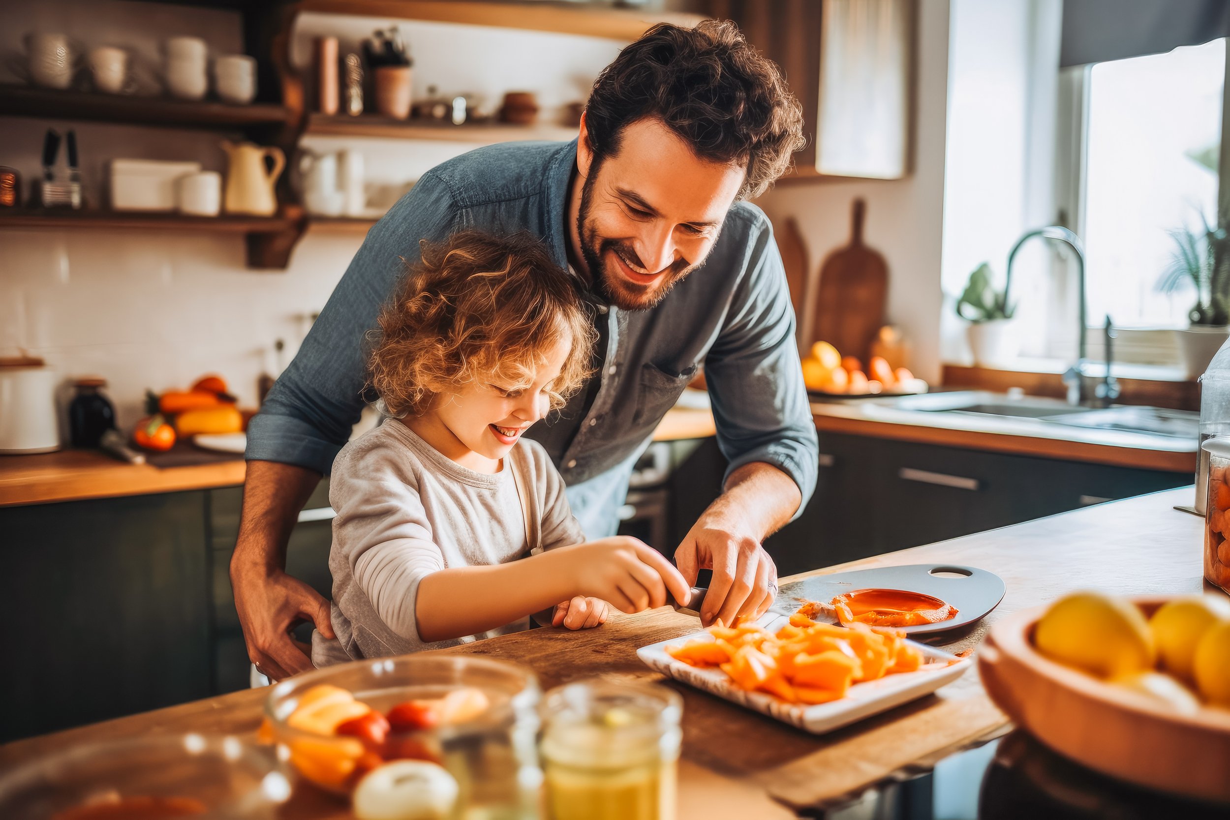 A man cooks with their toddler.