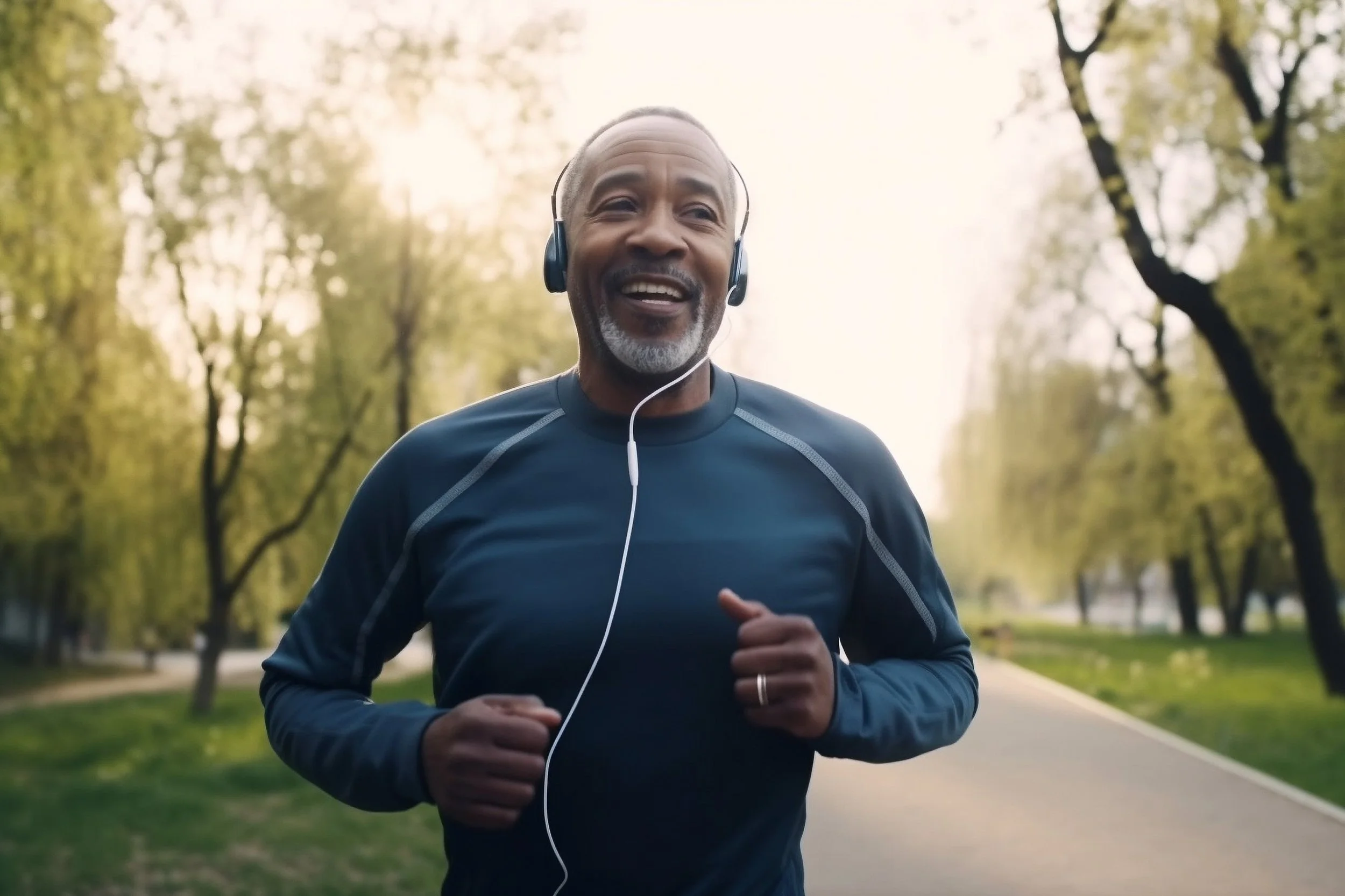 A man with headphones smiles while on a run.