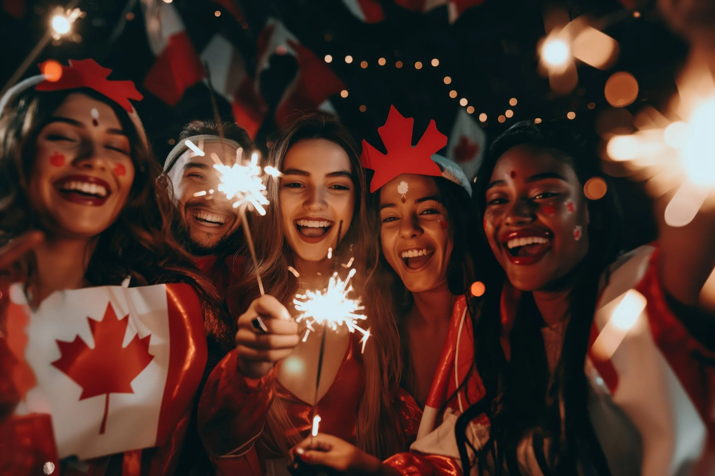 A group of people celebrate Canada Day with sparklers and Canada Day outfits.
