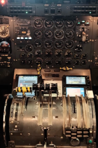 Flight controls in an airplane cockpit
