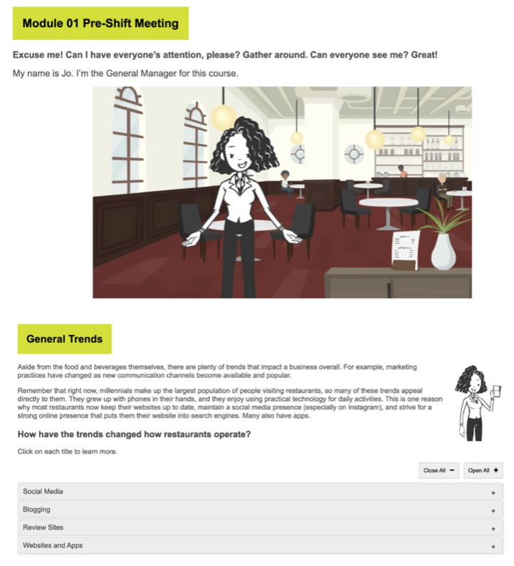 A screenshot of a scenario from a course. There is an image, a section called general trends, and an accordion of content about social media, blogging, review sites, and apps