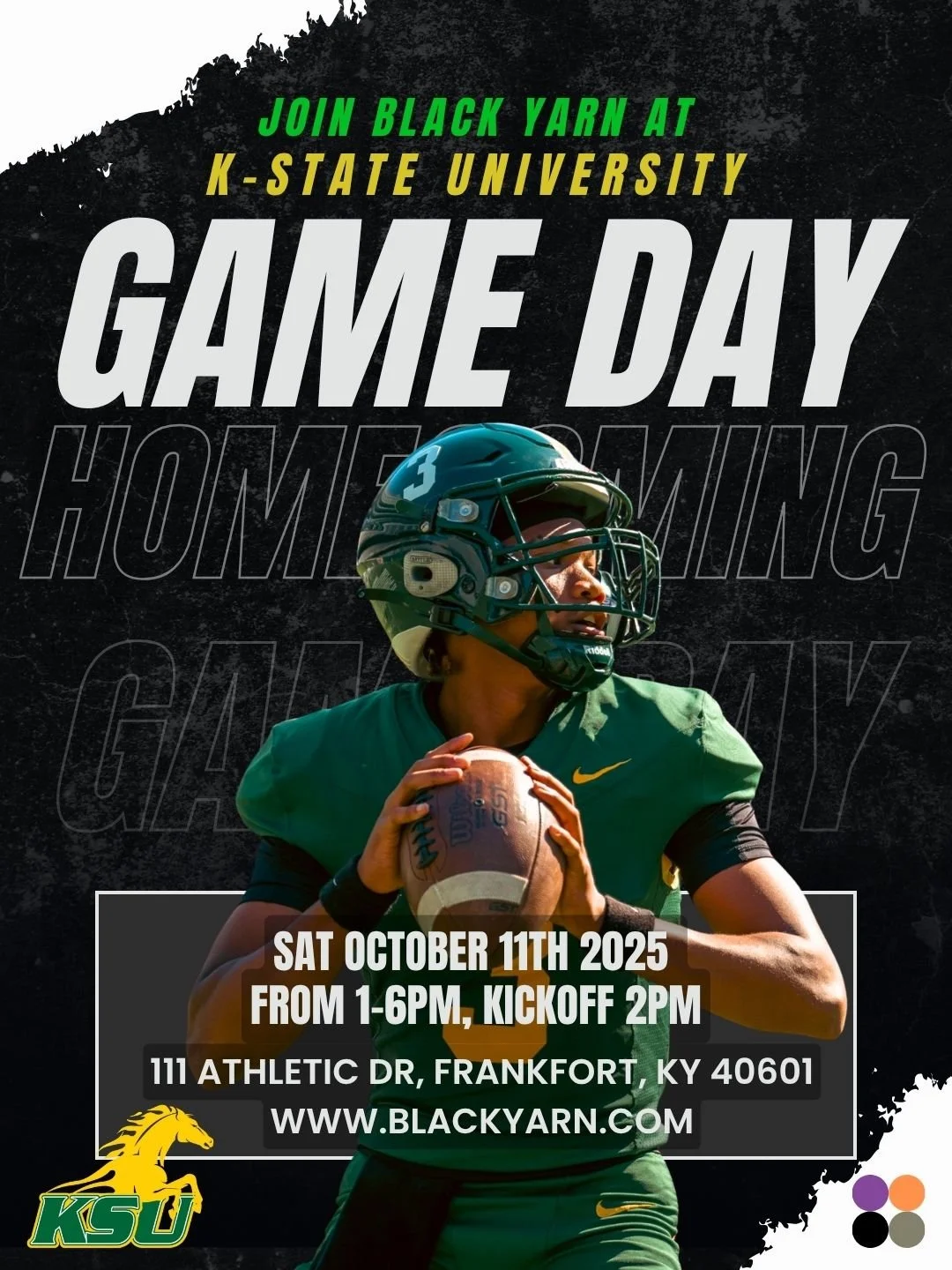 🎉 Black Yarn is excited to join Kentucky State University&rsquo;s Homecoming!

📅 Saturday, October 11
🕐 1&ndash;6 PM | 🏟️ Tailgate City (111 Athletic Dr, Frankfort, KY)

We&rsquo;ll be at our expo table on the track (top of the hill) alongside an