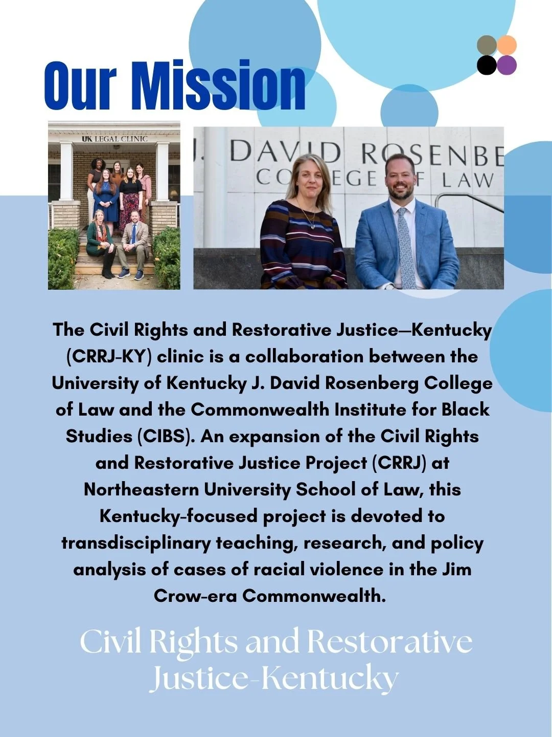 Meet the team working at the crossroads of history and criminal justice! ⚖️ The Civil Rights and Restorative Justice-Kentucky (CRRJ-KY) clinic uncovers an accurate history of racial terror and provides fact-finding and redress for cold cases of histo