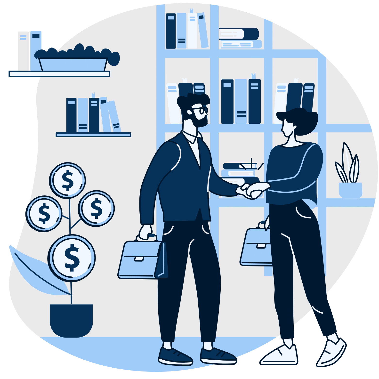 Synergy Consulting Group professionals handshake sealing an employee relations agreement, financial incentives in the background.