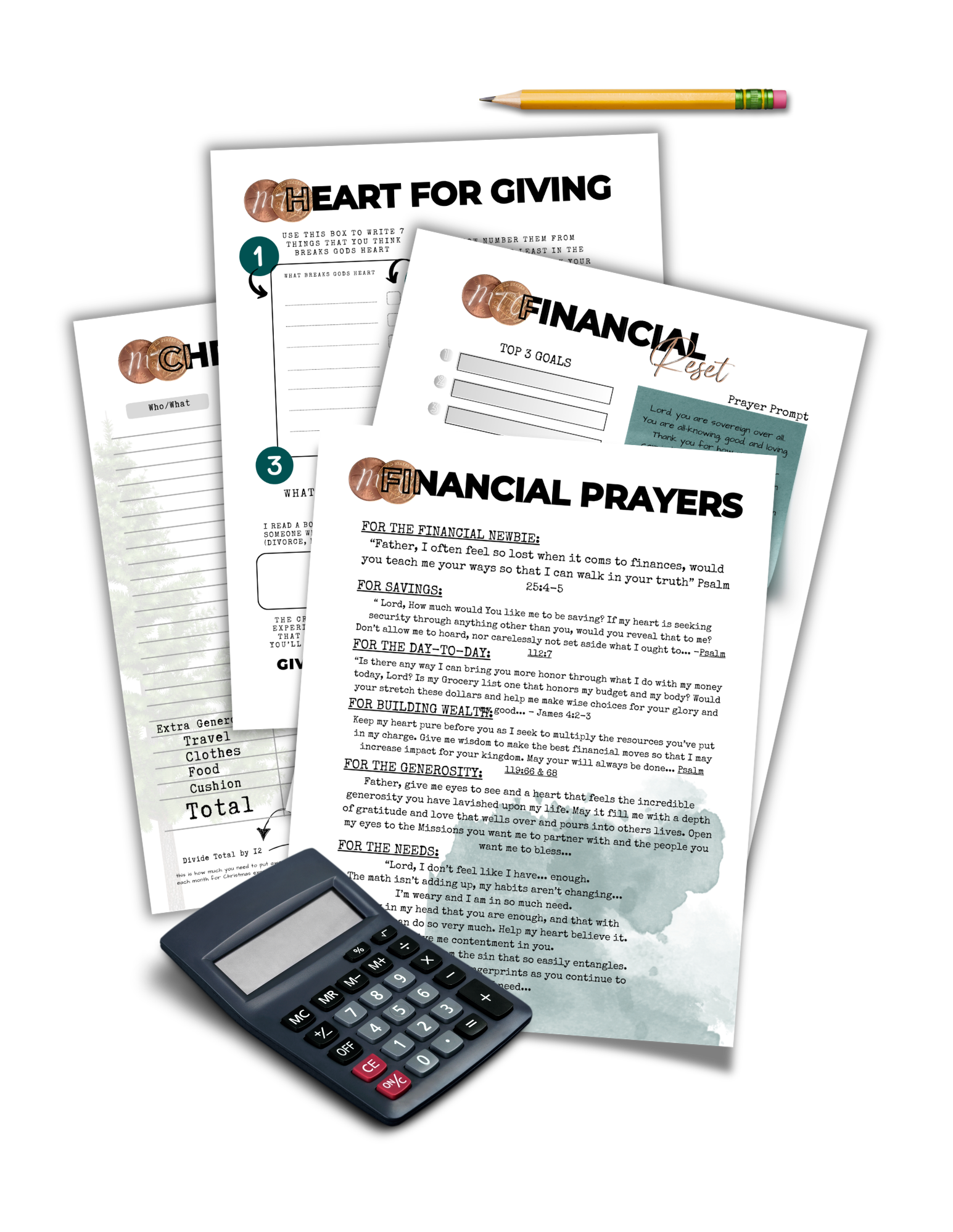 A desktop scene with financial and religious worksheets, a calculator, a yellow pencil, and a black background.