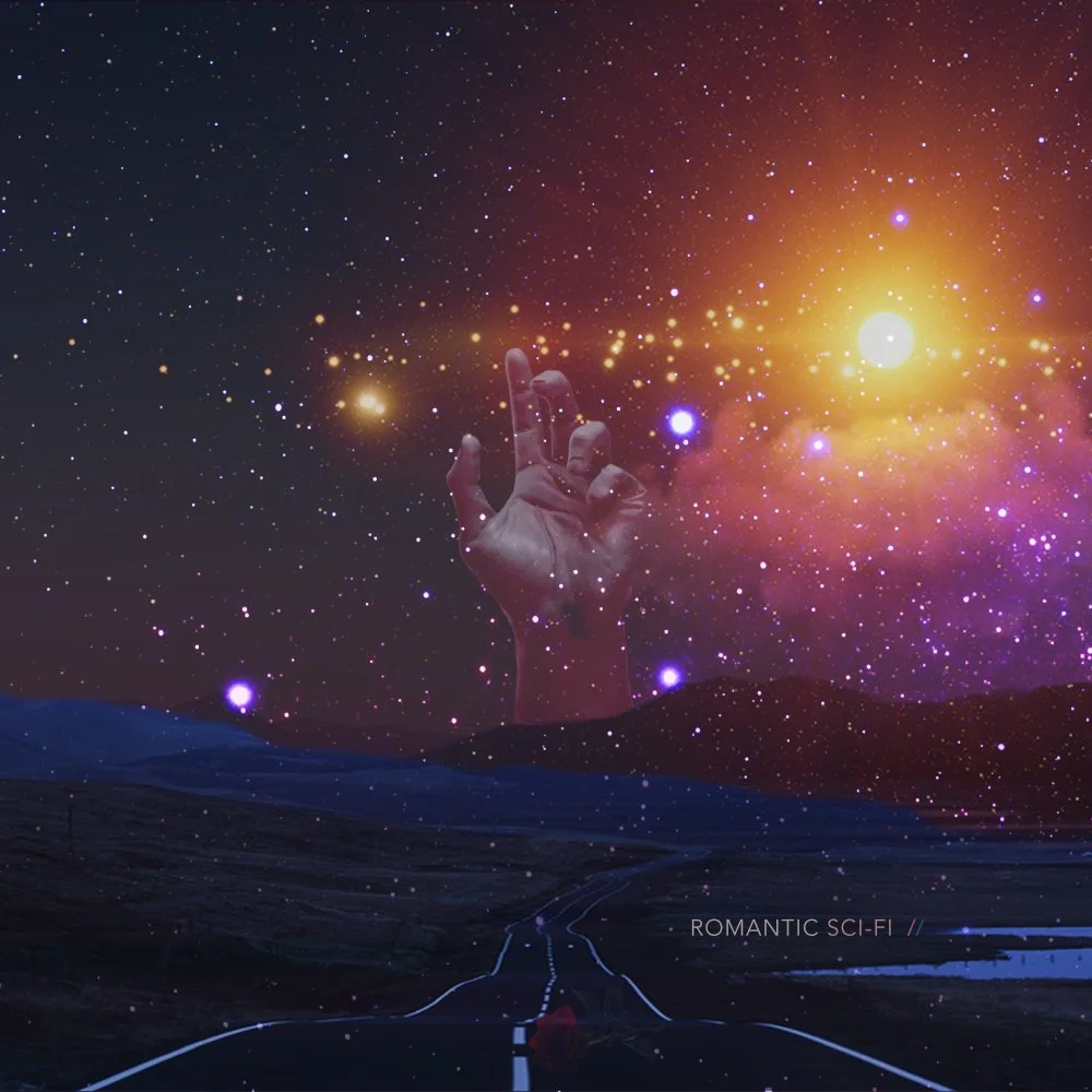 A surreal scene with a starry night sky, a large hand reaching out from the clouds, and a road leading towards the horizon with the words "ROMANTIC SCI-FI" in the bottom right corner.