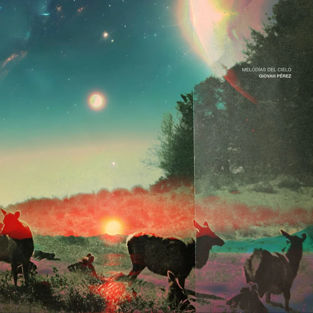 A composite digital artwork showing a landscape with cows grazing at sunset and a starry sky with planets, along with abstract colorful overlays and text indicating it is titled 'Melodías del Cielo' by Giovah Pérez.