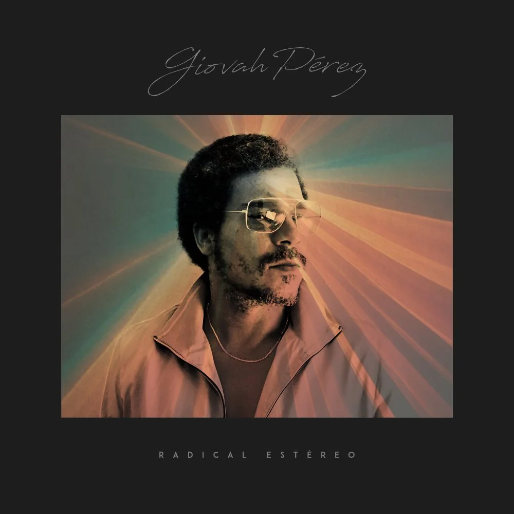 Album cover art featuring a man with glasses, hair, and a beard, with colorful light rays emanating behind him. The artist's name, Giovana Percz, is written at the top, and the album title, Radical Estéreo, is at the bottom.