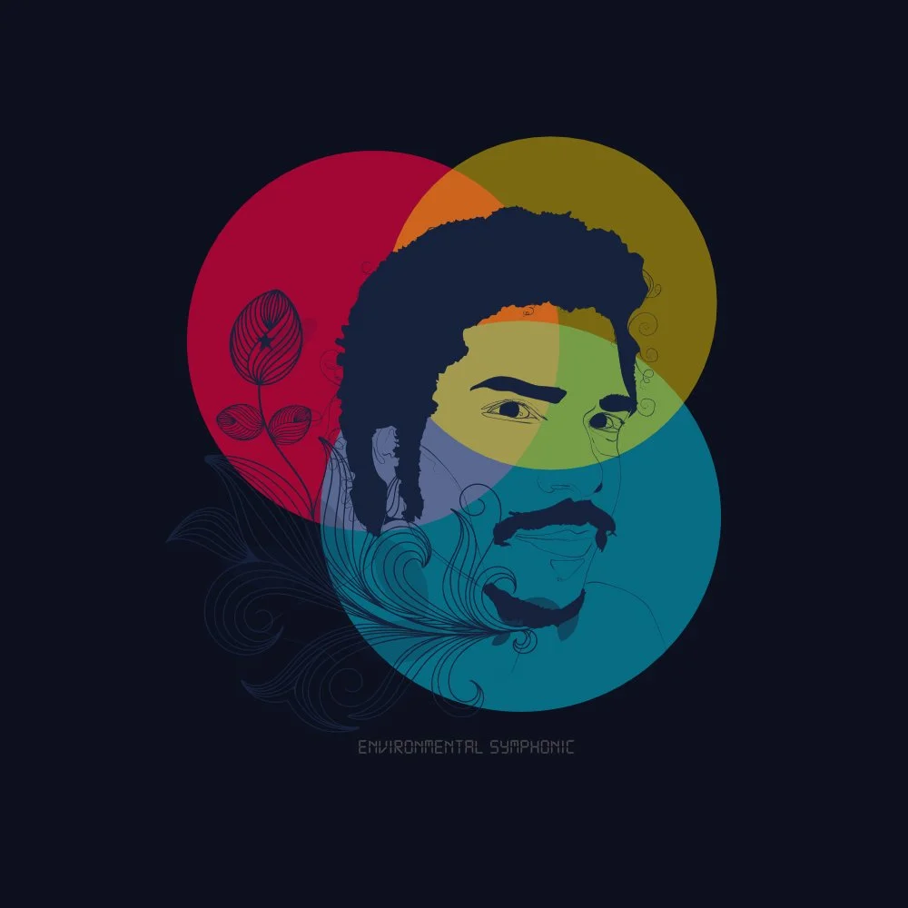 A stylized digital illustration of a man's face with dreadlocks, overlaid with colorful overlapping circles and botanical line art, titled 'Environmental Symphonic'.