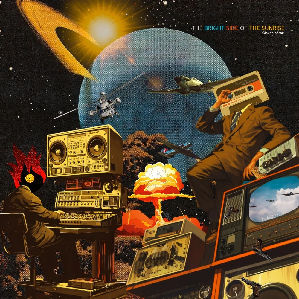 A surreal collage with a space scene featuring the sun, planets, and rockets, a person with a cassette tape for a head, a DJ with vintage equipment, and a figure with a TV for a head watching a plane on screen, creating a collage of music, space, and vintage technology.