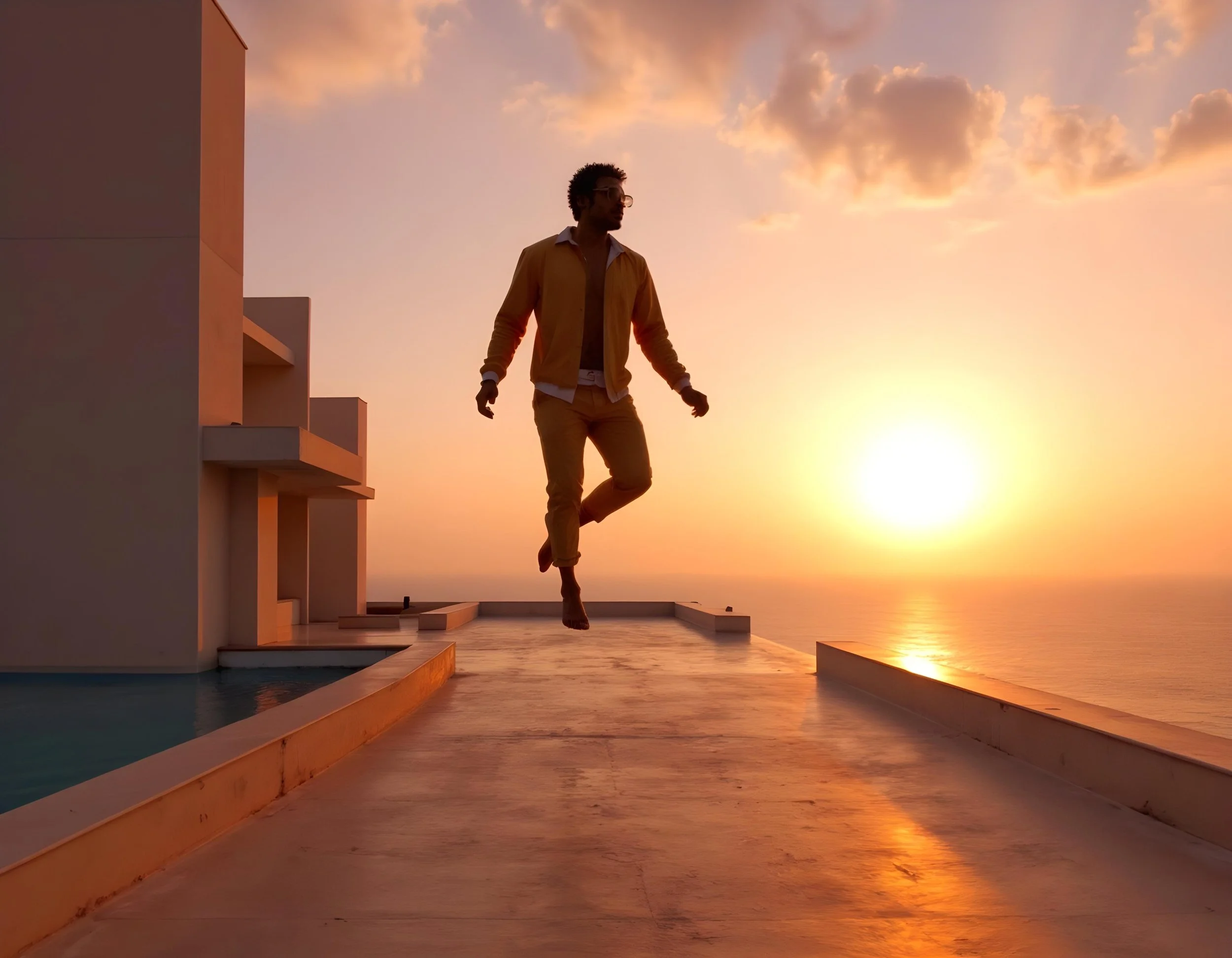 A man walking on a rooftop at sunset with the ocean in the background.