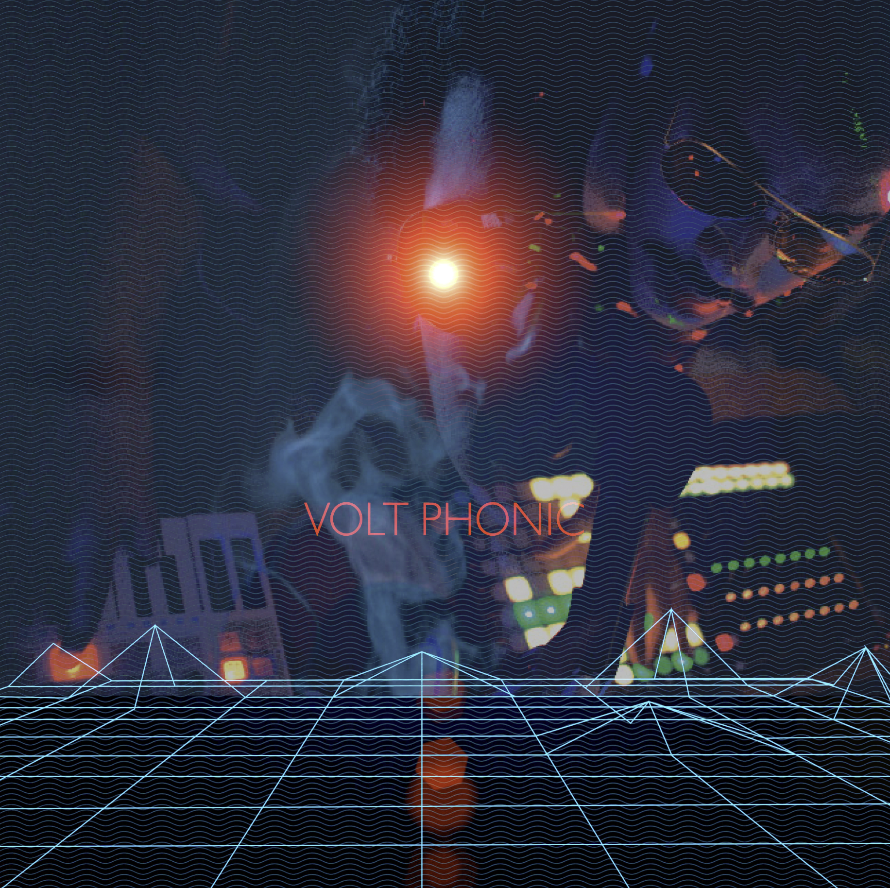 Futuristic digital art with a bright red light at the center, blue grid lines on the ground, colorful waveforms, and the words "VOLT PHONIC" in red text.