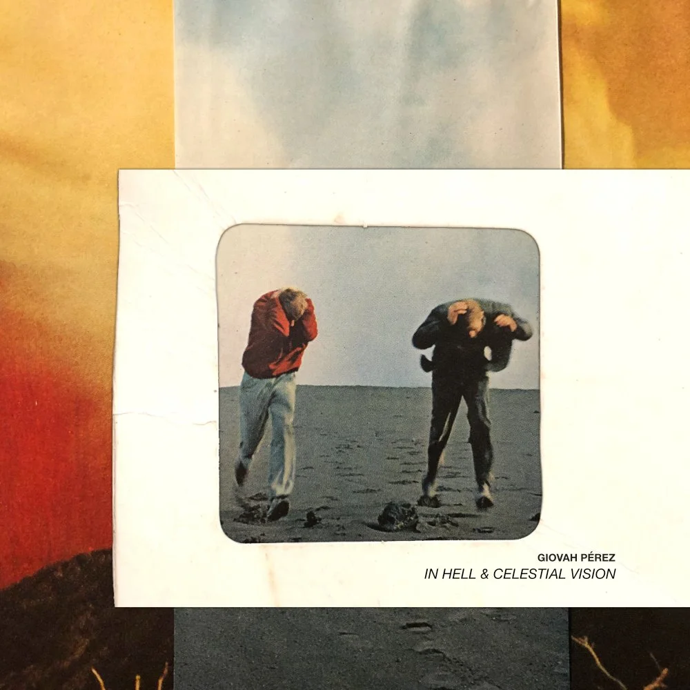 An album cover with a photo of two people walking on the beach, both covering their heads with their hands. The album is titled "In Hell & Celestial Vision" by Giovah Pérez.