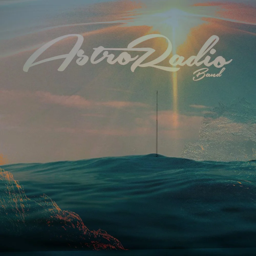 Cover art for AstroRadio Band featuring an ocean scene with a rock formation, waves, and a bright sunset or sunrise with the band name written in stylized white script.