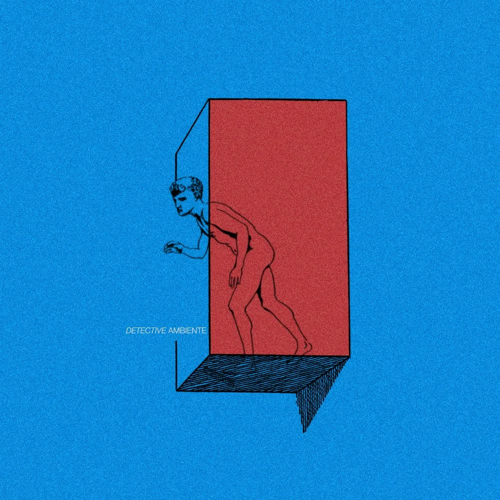 Line art illustration of a man crouching inside a red box with a blue background, labeled 'DETECTIVE AMBIENTE'.
