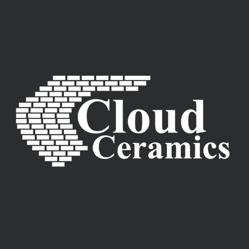 Logo for Cloud Ceramics featuring a stylized cloud made of white bricks on a dark background with the company name in white text.