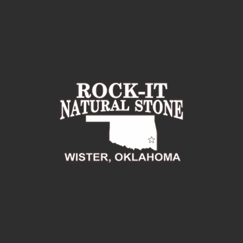 Logo with text 'Rock-It Natural Stone, Wister, Oklahoma' and an outline of the state of Oklahoma.