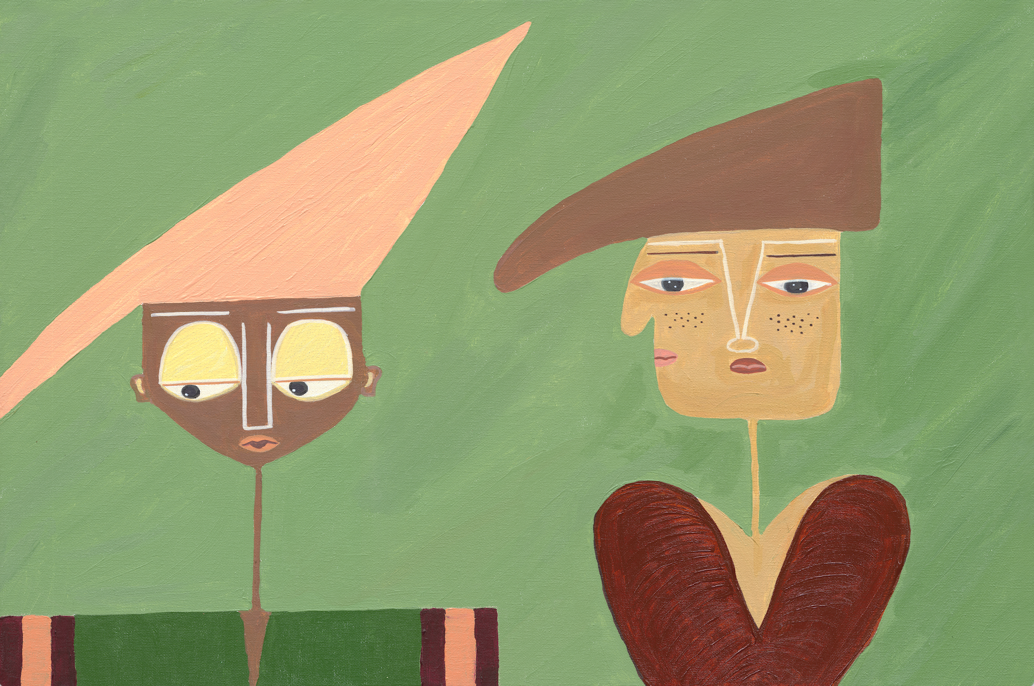 Difference Noted 2026 
Acrylic on canvas - 24 x 18 
This piece explores self-reflection, growth, and individuality. The paired figures symbolize the past, present, and future self—inviting reflection on how we change, evolve, and gain clarity over ti