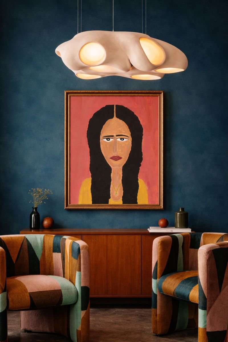 Moody interior room with a modern hanging ceiling light, a framed acrylic portrait painting of a woman with long dark hair and a yellow top on a navy lime wash blue walls, a midcentury console table and colorful armchairs with geometric patterns.