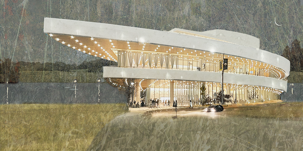 Hancher Auditorium in Iowa City, Iowa  with curved architecture at night, with people and cars outside on a grassy area.