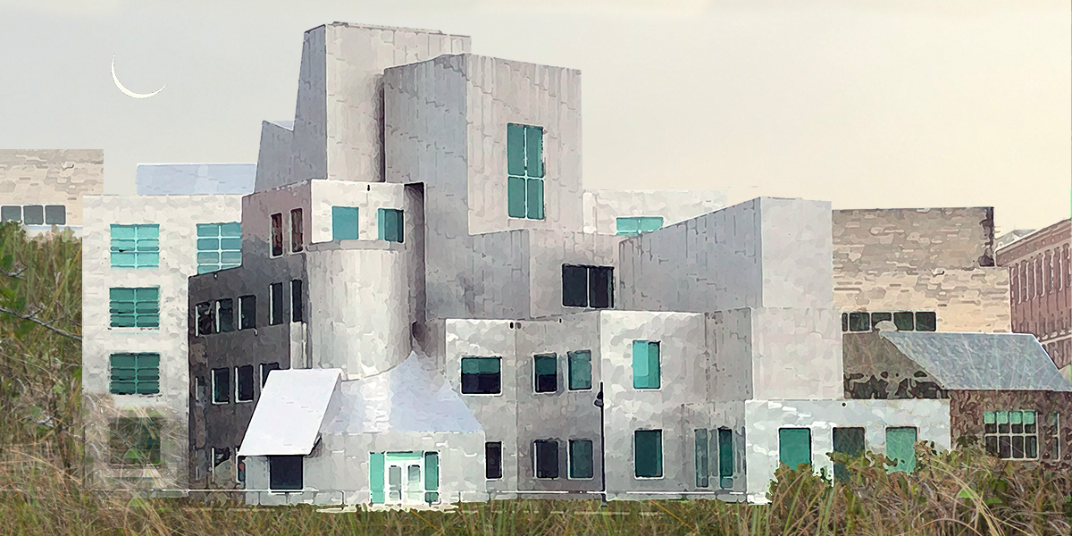 Frank Gehry building on the Iowa River in Iowa City, Iowa with irregular geometric shapes and variously sized windows, with vegetation in the foreground and a faint crescent moon in the sky.