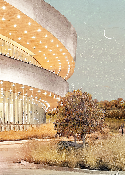 Hancher Auditorium in Iowa City, Iowa with curved design and illuminated windows, next to a tree with autumn foliage, under a cloudy sky with visible moon.
