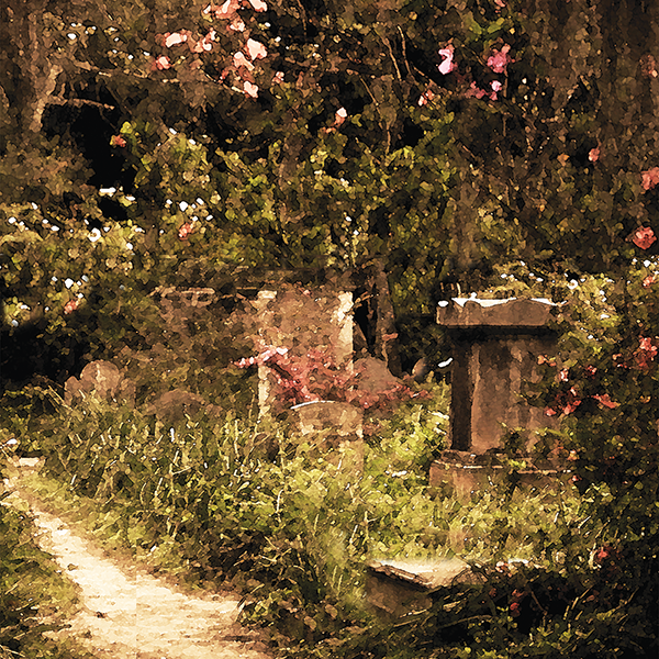 A garden scene featuring a dirt path, lush greenery, pink flowering bushes, and a stone birdbath or decorative structure surrounded by plants.