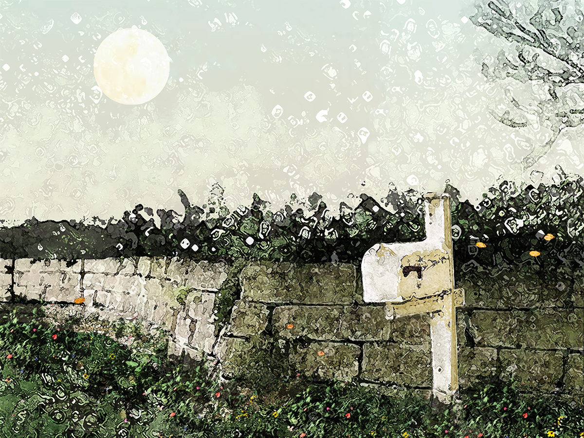 A watercolor-style illustration of a stone wall with an old mailbox in front, against a cloudy sky with a full moon, surrounded by greenery and flowers.