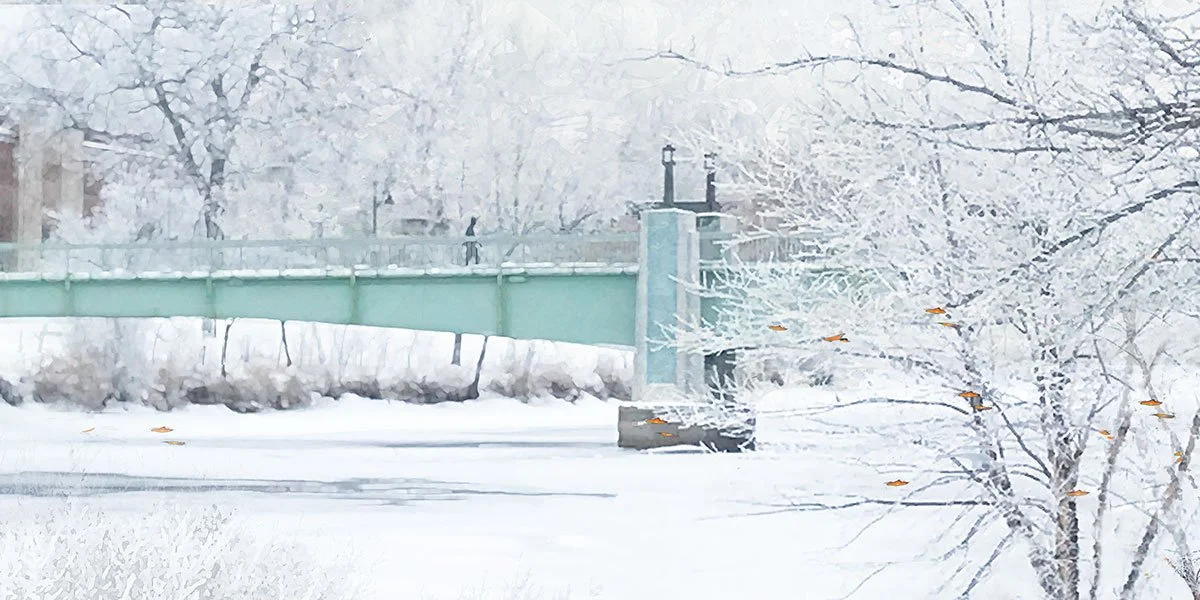 Snow-covered river with a green footbridge and snow-covered trees in the background.