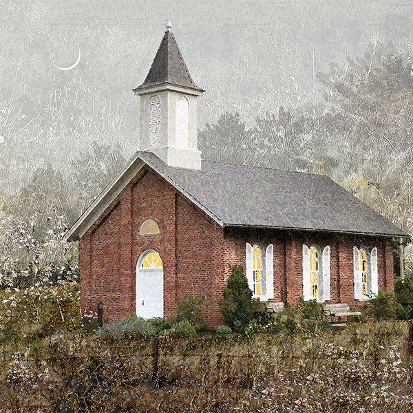 A small red brick church with a white steeple, six tall arched windows, and a white door, surrounded by trees and shrubs in a misty, rural setting.