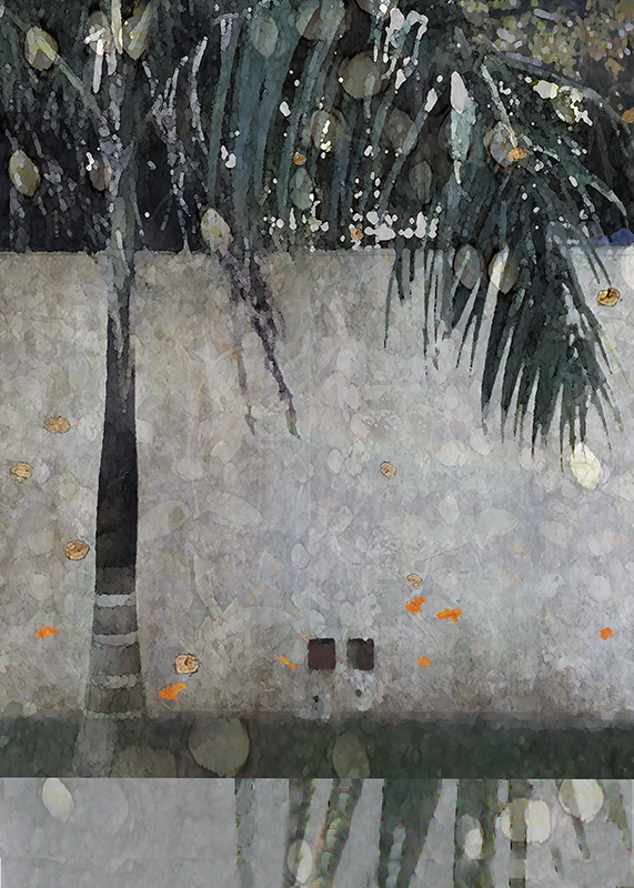 Watercolor painting of a palm tree with large fronds and fallen orange and yellow leaves on the ground, with a light-colored wall and two small dark openings in the background.