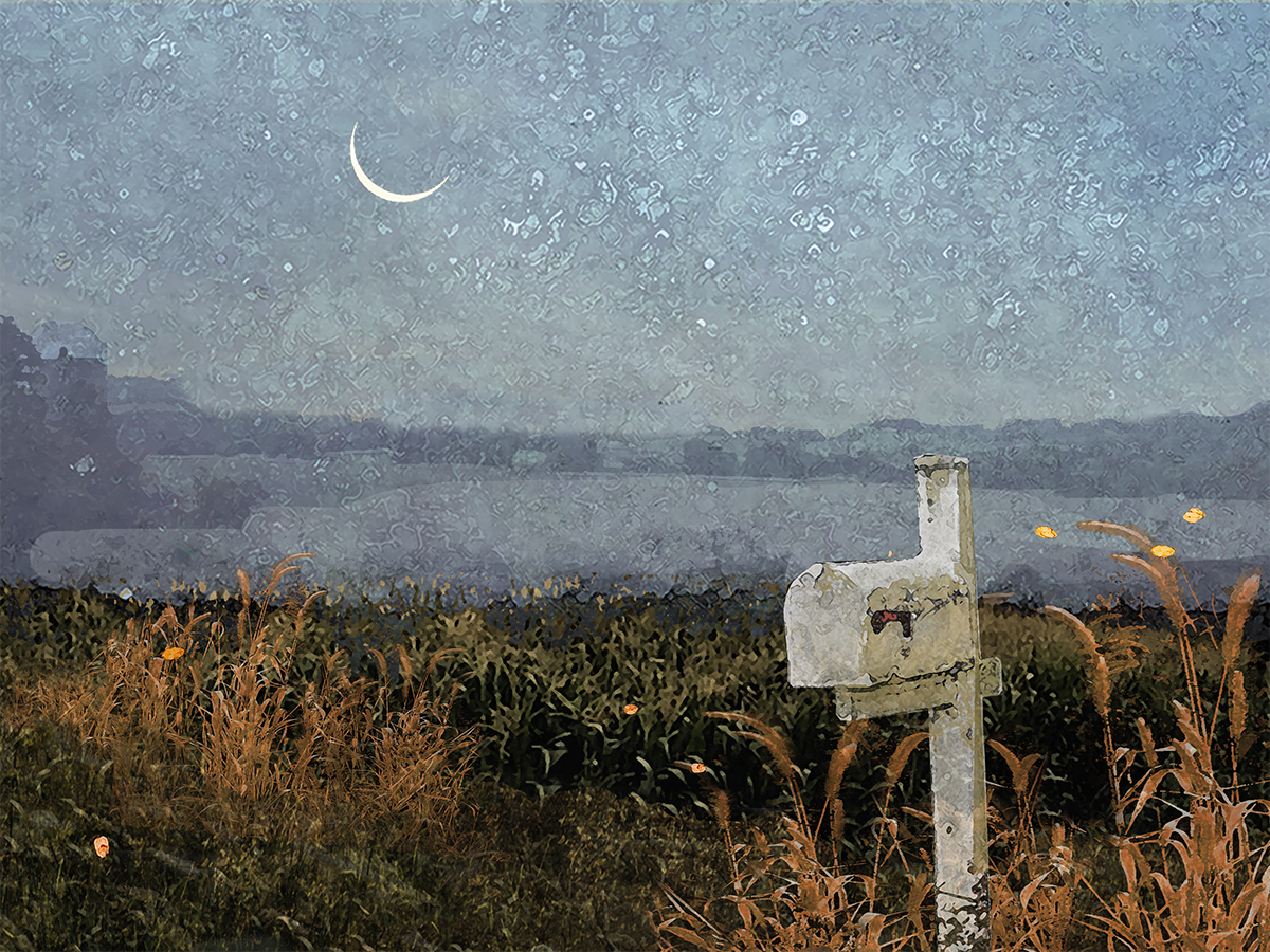 A rusted mailbox in a field with tall grass near a body of water, under a night sky with a crescent moon.