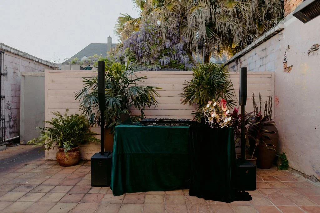 green velvet table cloth and dj table