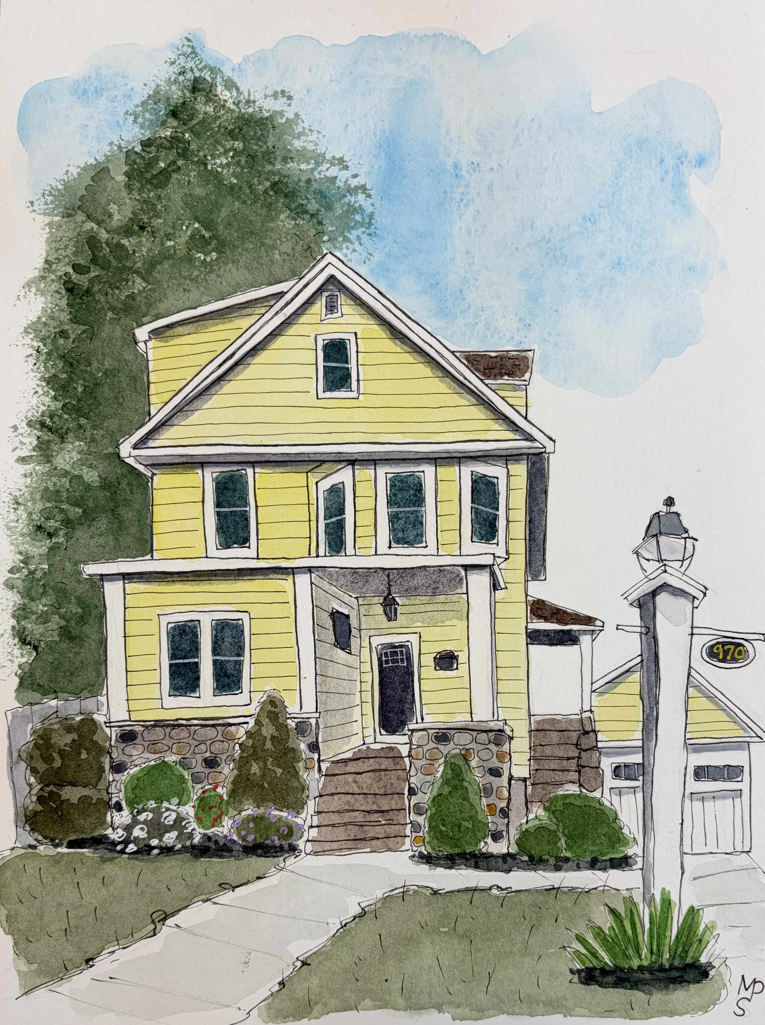Watercolor painting of a yellow house with a front porch, stairs, and a garden with bushes and flowers, and a lamppost near the sidewalk.