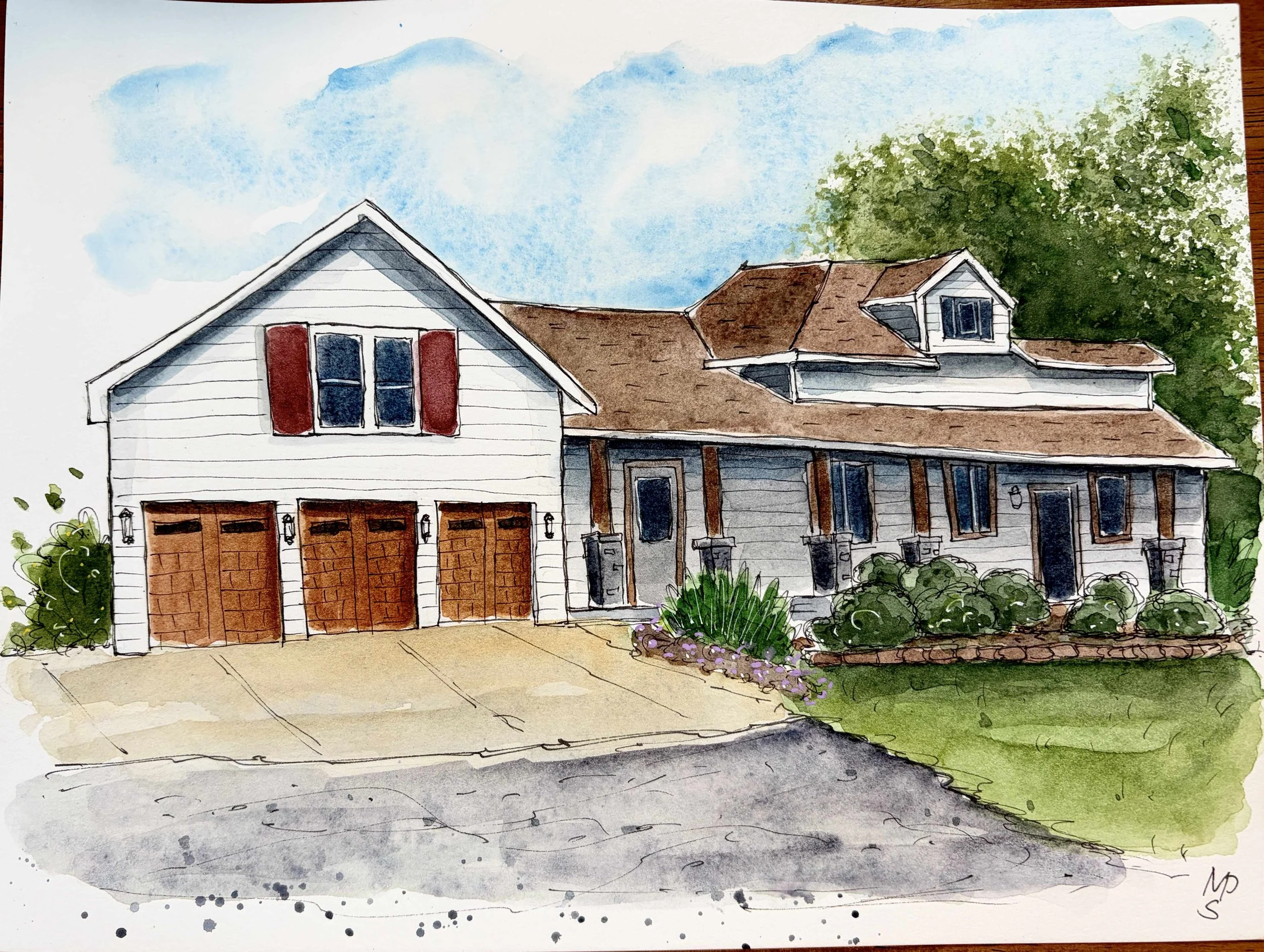 Watercolor painting of a house with a two-car garage, brown shutters, and a brown roof, surrounded by greenery and a partial sidewalk, under a blue sky with clouds.