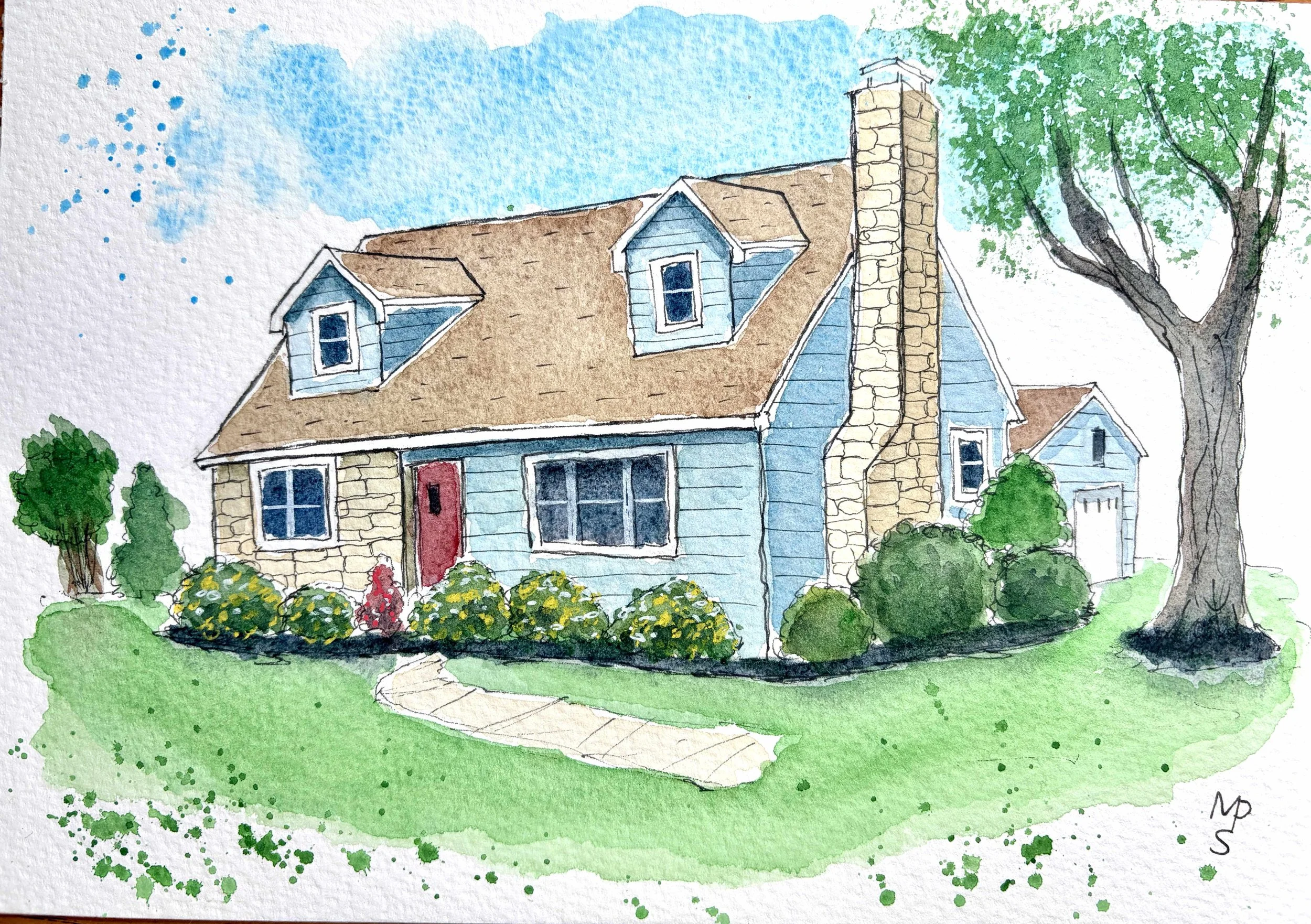 A watercolor painting of a house with a brown roof, blue walls, and a stone chimney, surrounded by green trees and bushes, with a bright blue sky in the background.