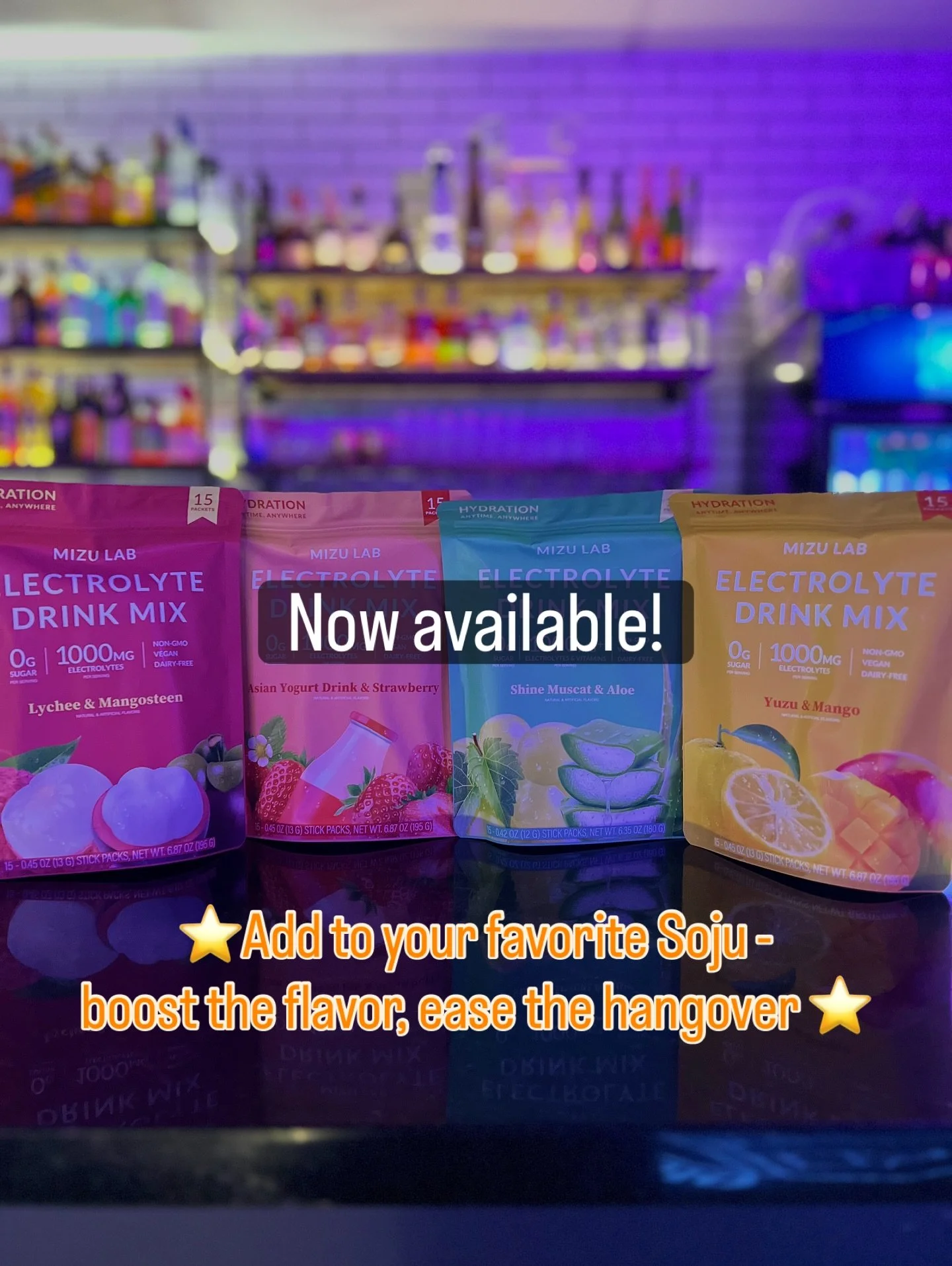 🧋Make your Soju taste like a Boba drink!🍶✨
Add our new Asian-inspired Electrolyte Flavor Sticks - packed with fruity flavor and hydration to help with hangovers.

Flavors:
🍈 Lychee &amp; Mangosteen
🍇 Shine Muscat &amp; Aloe
🍓 Asian Yogurt Drink 