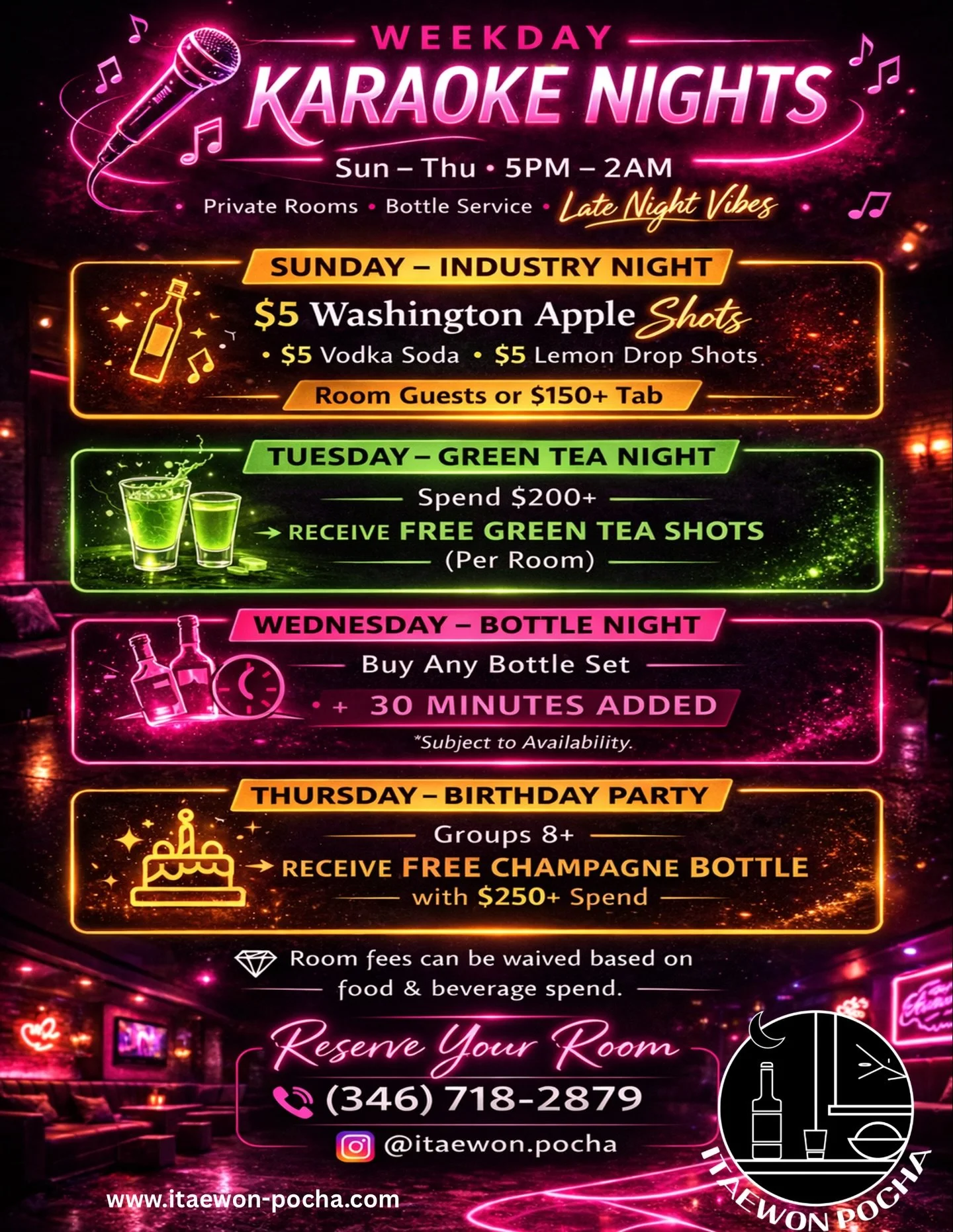 Weekdays just hit different at Itaewon Pocha 🎤✨
Karaoke. Bottle service. Late night vibes.
Sunday&ndash;Thursday | 5PM&ndash;2AM

🎶 Sunday &ndash; Industry Night
$5 Washington Apple, Vodka Soda &amp; Lemon Drop shots

🍵 Tuesday &ndash; Green Tea N