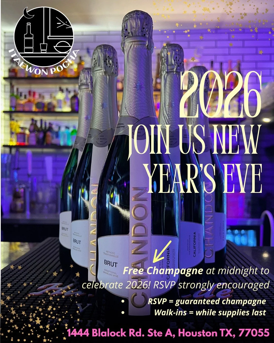 🥂 NYE 2026 at Itaewon Pocha + Karaoke 🥂
Ring in the New Year with late-night vibes, private karaoke, and a complimentary champagne toast at midnight 🍾✨

🎤 Karaoke
🍸 Drinks flowing
🕛 Midnight countdown + cheers

RSVP strongly encouraged &mdash; 