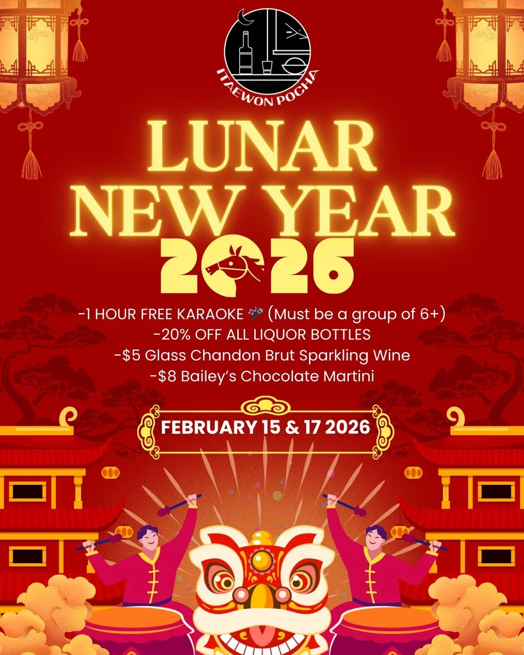 Celebrate Lunar New Year with exclusive specials at Itaewon Pocha + Karaoke 🧧

🎤 Free 1 Hour Karaoke (Party of 6+)
🥃 20% Off Liquor Bottles
🥂 $5 Chandon Brut (Glass)
🍫 $8 Bailey&rsquo;s Chocolate Martini

Limited time only &mdash; book your tabl