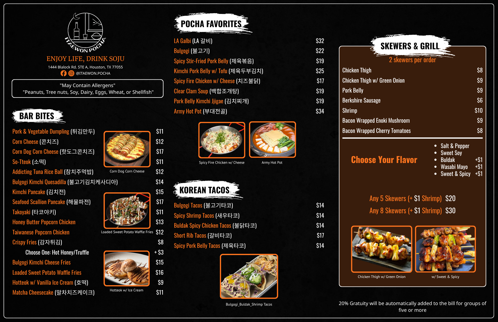 Menu board for a Korean restaurant featuring Pocha favorites, bar bites, Korean tacos, skews & grills, with prices and images of some dishes including spicy chicken, hot dog, scallion pancake, and tacos.