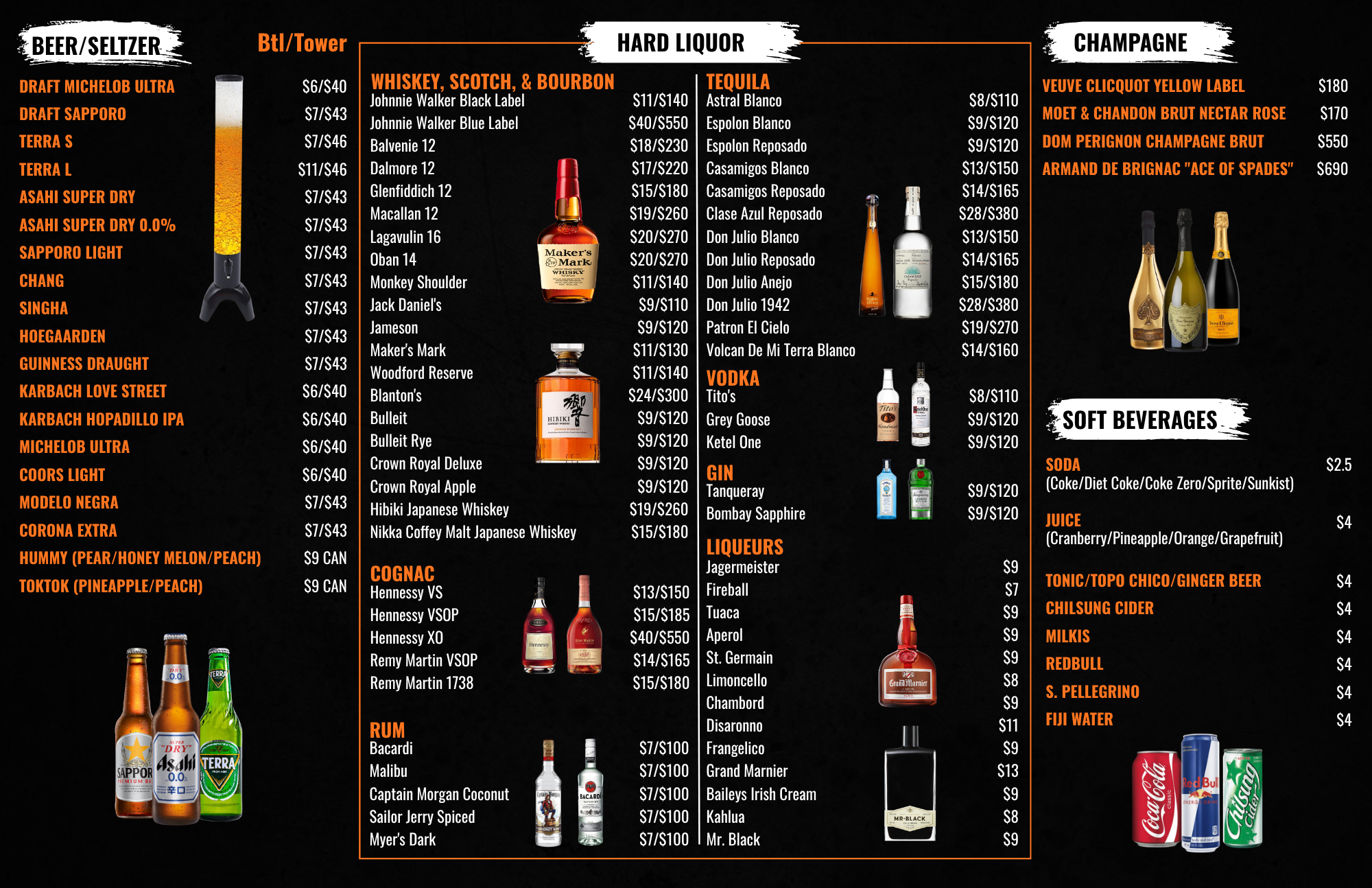 A menu board displaying alcoholic beverages including beers, liquors, and champagnes with their prices, along with soft drinks and mixers, organized into categories like beer, seltzer, whiskey, scotch, bourbon, tequila, vodka, gin, liquors, champagne, and soft beverages.
