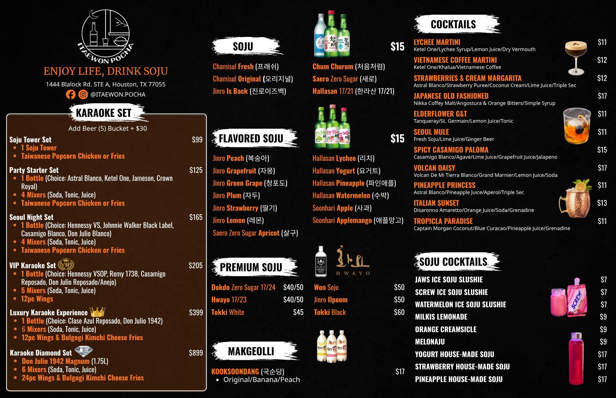 Restaurant menu featuring various soju cocktails, flavored soju, premium soju, makgeolli, and karaoke sets, with prices listed for each category.