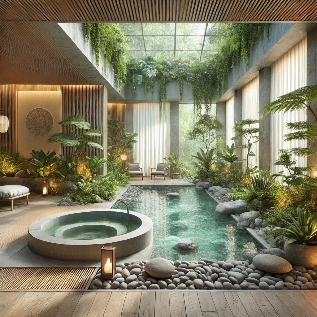 Indoor spa with modern design featuring a hot tub, small pool, lush greenery, stone accents, and soft lighting.