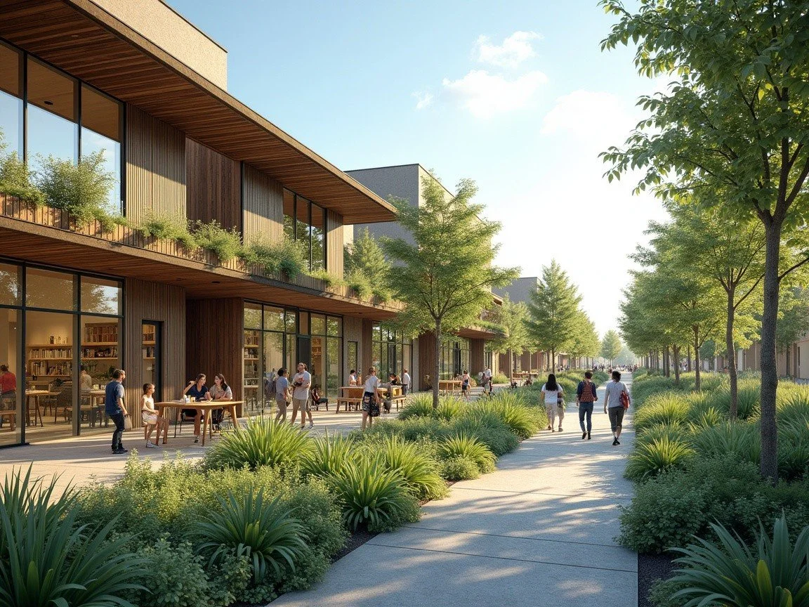 People walking and dining in a modern outdoor plaza with lush greenery and sidewalks, adjacent to contemporary wood-paneled buildings under a clear blue sky.
