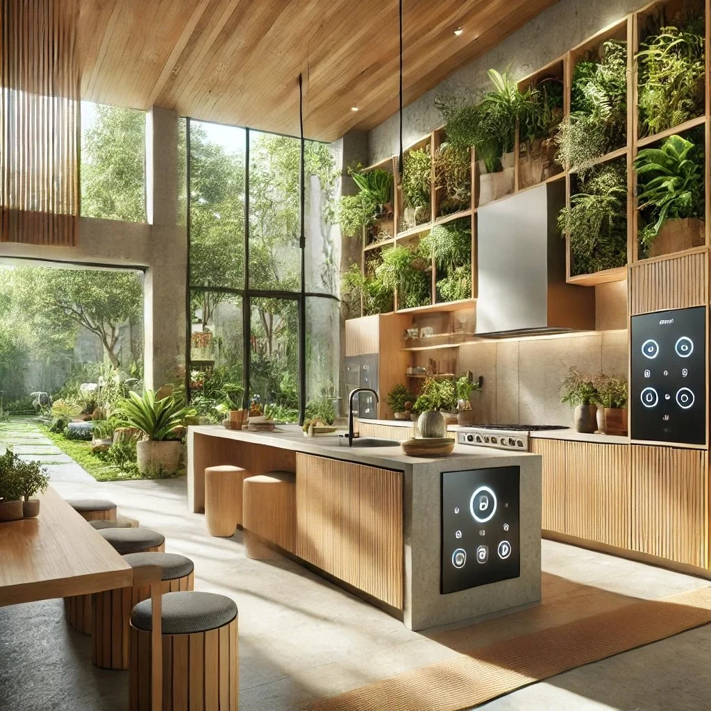 Modern kitchen with wooden accents, large window, vertical garden, and smart appliances.
